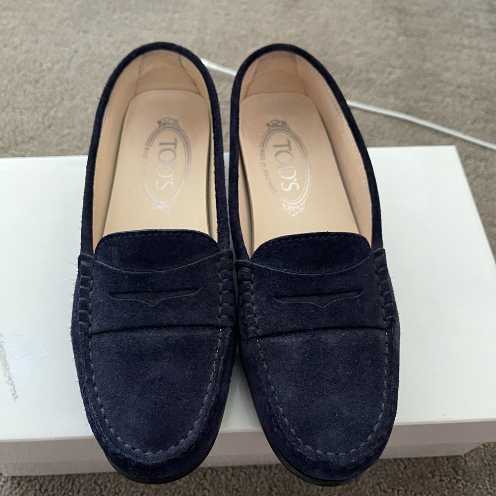 Tod’s women suade navy loafers, wore once (bought wrong size)